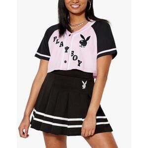 Playboy Top Crop Baseball Jersey Black Pink Button Up Logo Front and Back Size M